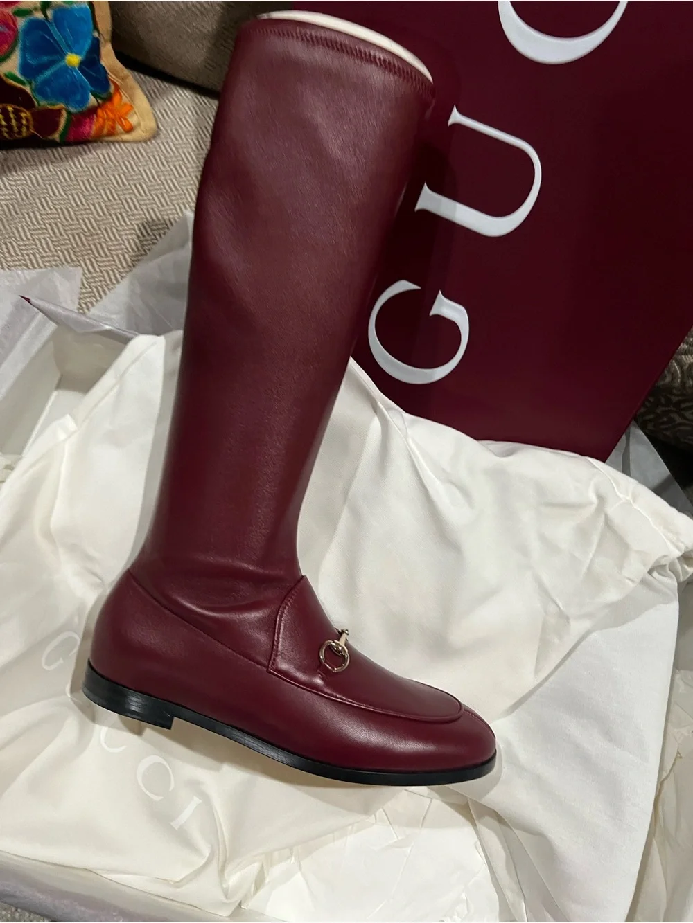 Gucci Jordaan Burgundy Over-the-Knee Leather Riding Boot with Gold Bit